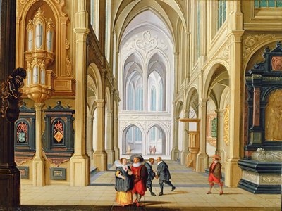 Elegante Figuren in een Gotische Kerk door Dirck van Deelen